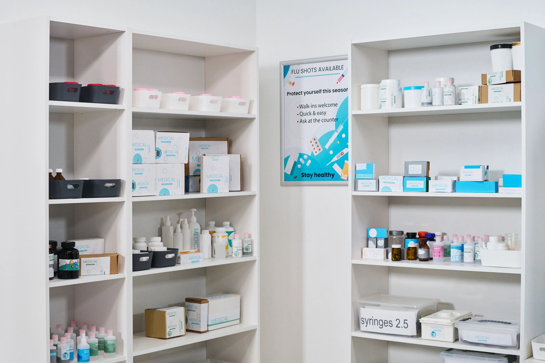 Medical supply shelving representing consistent distribution operations